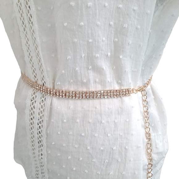 Gold Rhinestone chain bridal wedding waist statement clasp dress belt - Picture 9 of 13